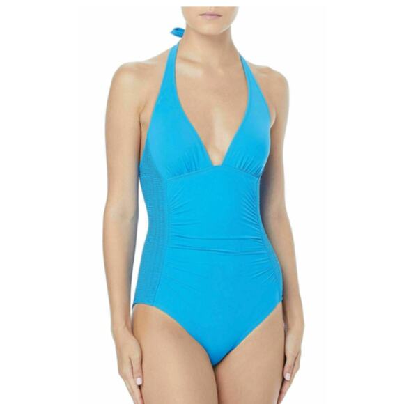 Carmen Marc Valvo Solid Cobalt Blue Smocked Halter One Piece Swimsuit 8 NEW - Picture 1 of 4